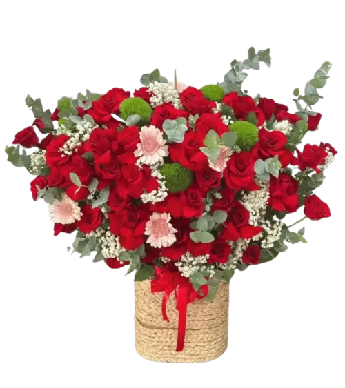 Giỏ hoa đỏ cúc đồng tiền hồng