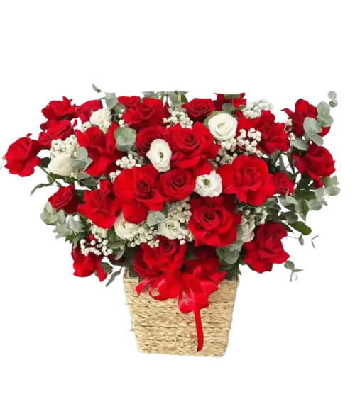 Giỏ hoa hồng đỏ lisianthus trắng giỏ đan cói