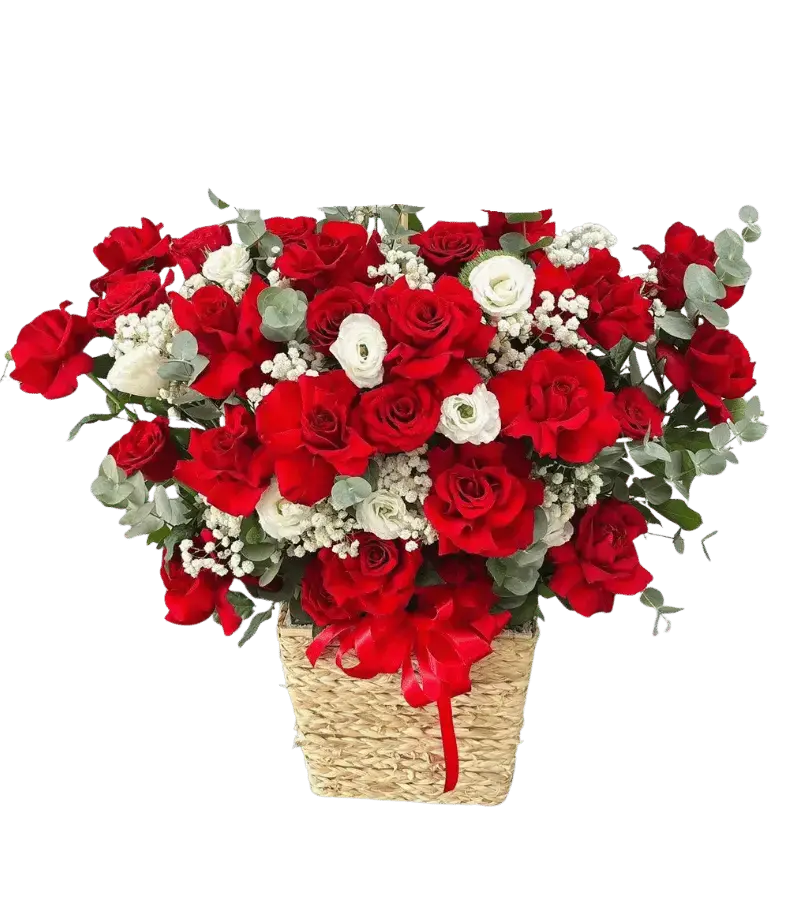 Giỏ hoa hồng đỏ lisianthus trắng giỏ đan cói