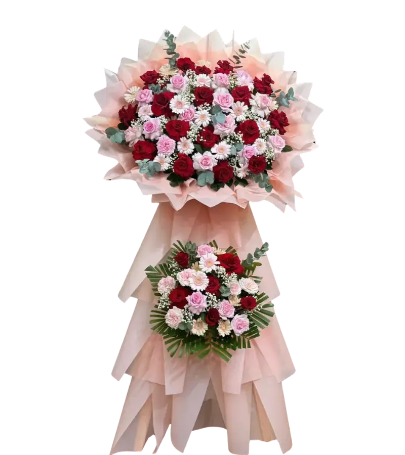 Kệ hoa khai trương đỏ hồng cúc đồng tiền 2 tầng