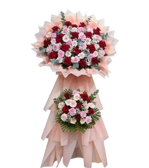 Kệ hoa khai trương đỏ hồng cúc đồng tiền 2 tầng