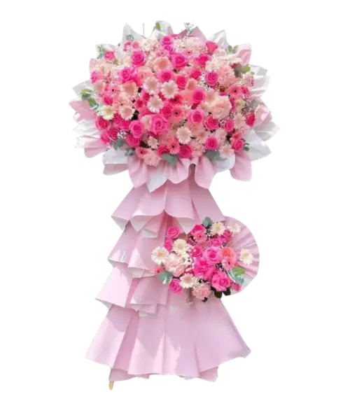 Kệ hoa khai trương hồng cúc đồng tiền 2 tầng