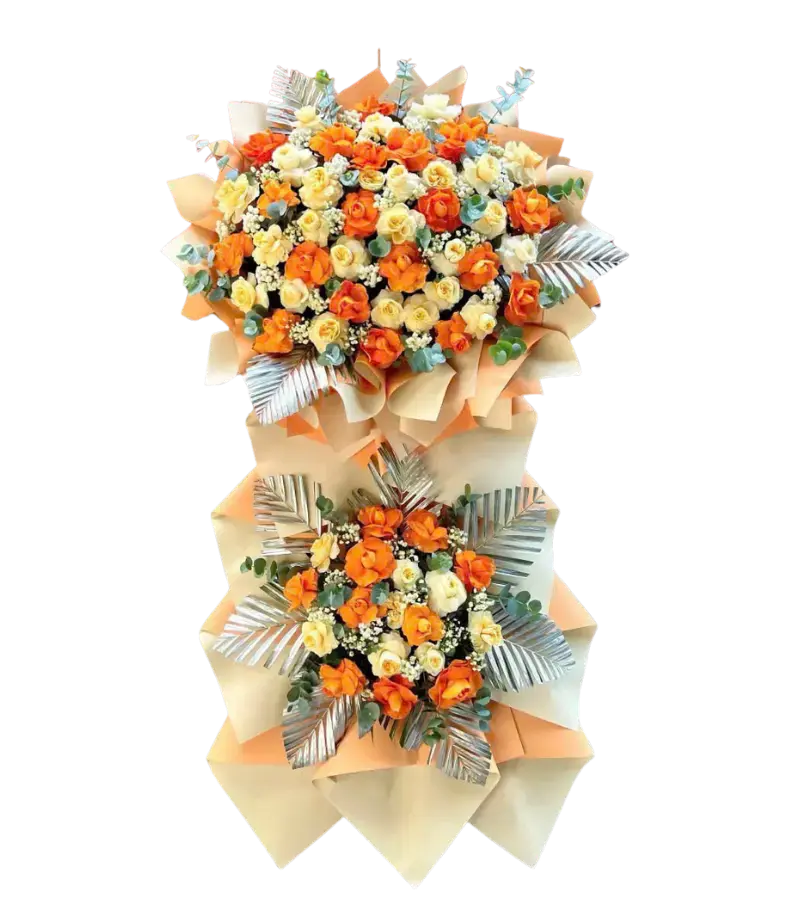 Kệ hoa khai trương cam kem lá bạc 2 tầng