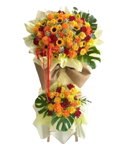 Kệ hoa khai trương vàng cam hướng dương nơ vàng 2 tầng
