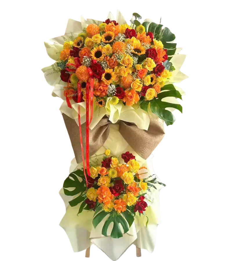 Kệ hoa khai trương vàng cam hướng dương nơ vàng 2 tầng
