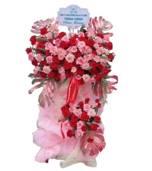Kệ hoa khai trương đỏ hồng kèm bảng chúc mừng