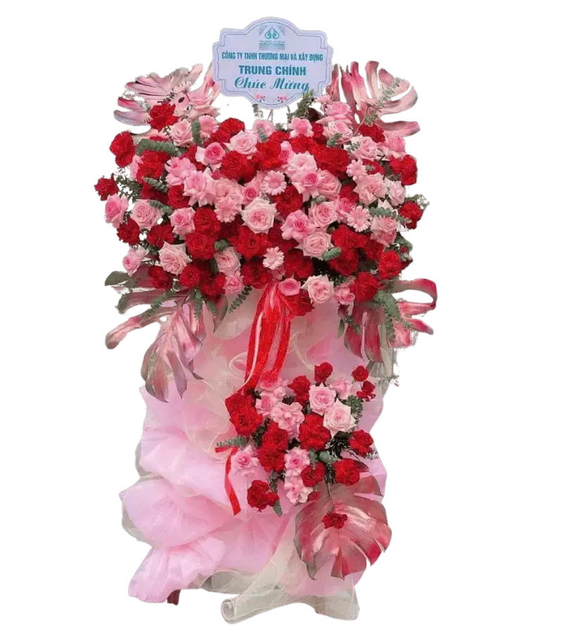 Kệ hoa khai trương đỏ hồng kèm bảng chúc mừng