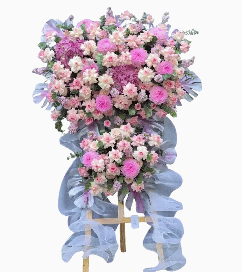 Kệ hoa khai trương tone hồng tím pastel