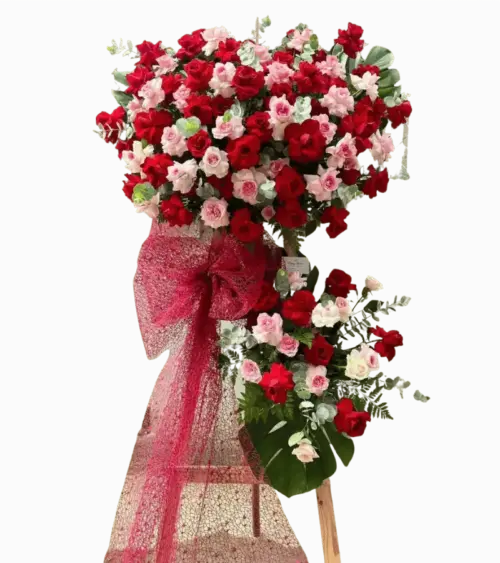 Kệ hoa khai trương đỏ hồng nơ lưới đỏ