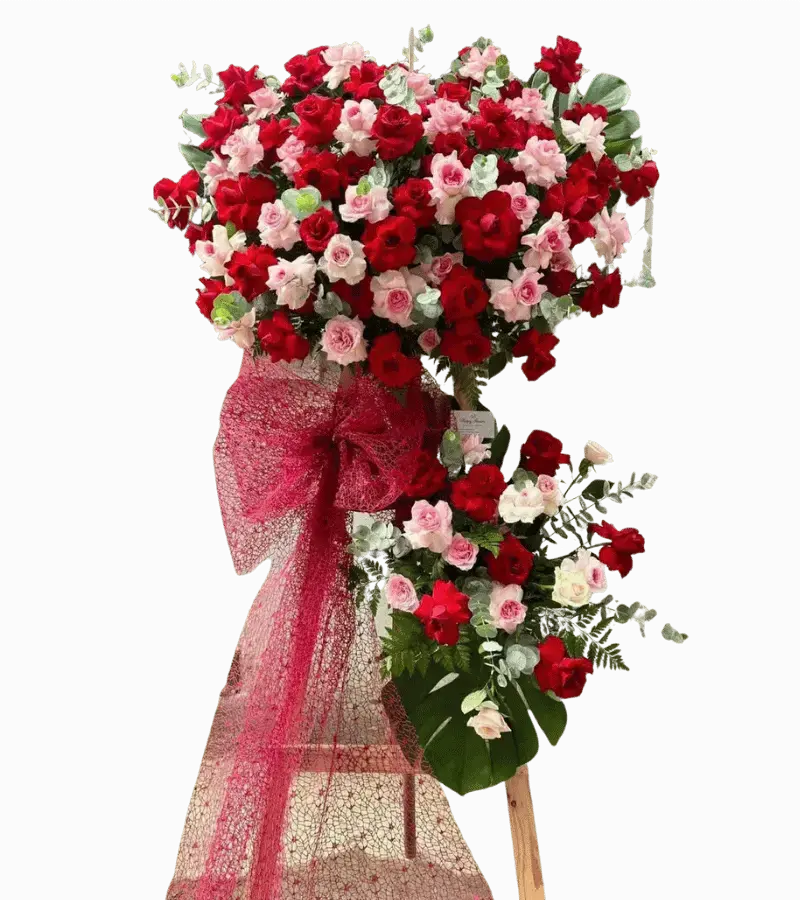 Kệ hoa khai trương đỏ hồng nơ lưới đỏ