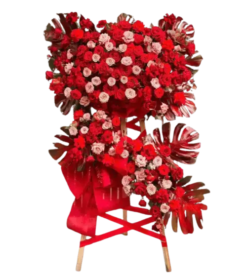 Kệ hoa khai trương đỏ hồng chân kệ nơ chéo