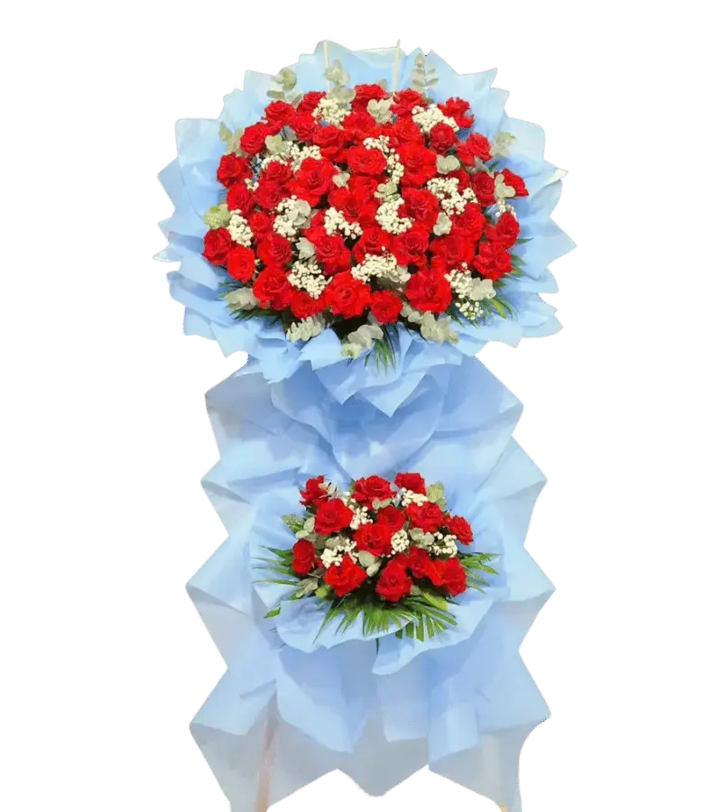Kệ hoa khai trương đỏ bọc giấy xanh nhạt