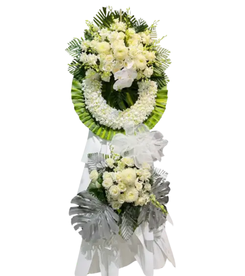 Kệ hoa tang lễ hồng trắng lá bạc