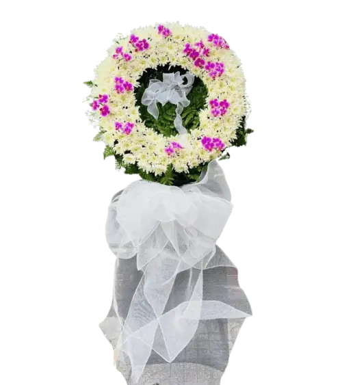 Vòng hoa tang lễ cúc trắng lan tím nơ lưới