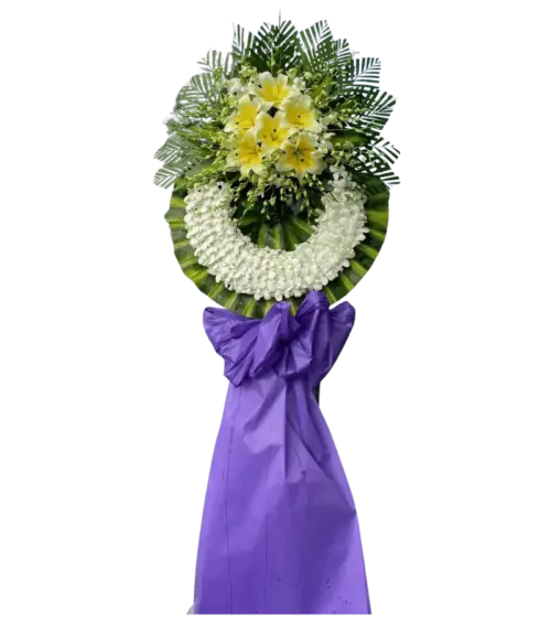 Kệ hoa tang lễ lily vàng nơ tím