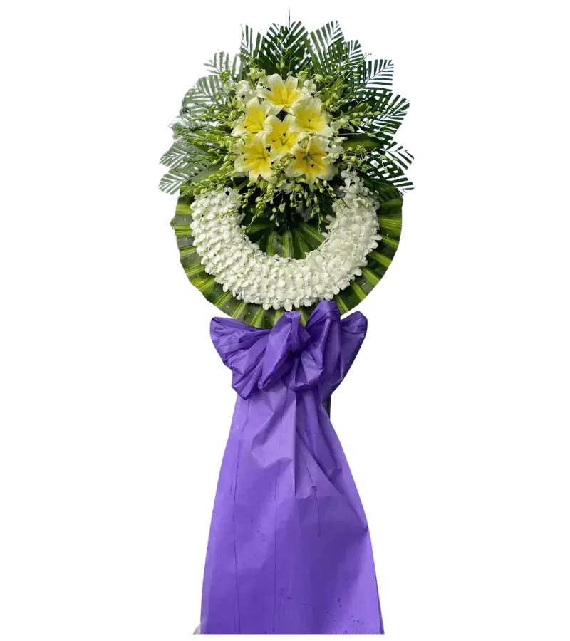 Kệ hoa tang lễ lily vàng nơ tím