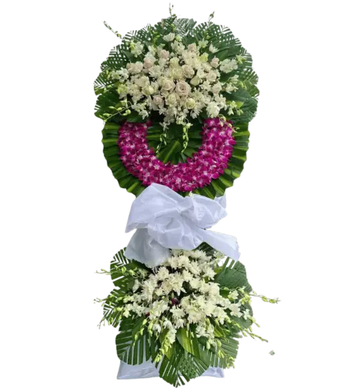 Kệ hoa tang lễ lan tím hồng trắng nơ trắng hai tầng