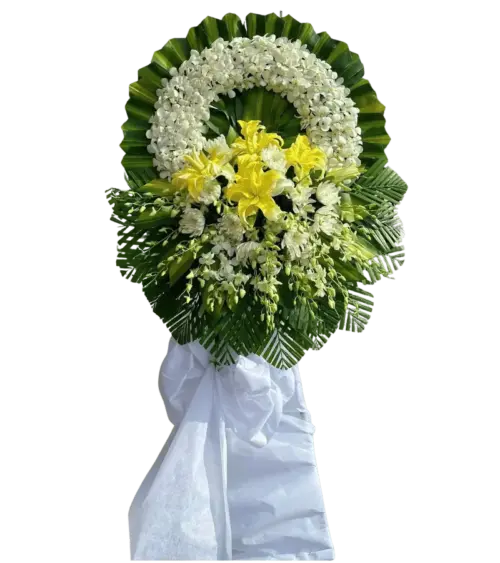 Vòng hoa tang lễ lan trắng lily vàng nơ trắng