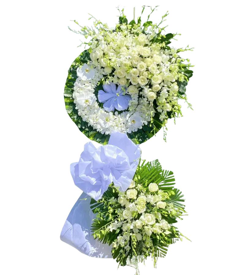 Kệ hoa tang lễ hồng trắng nơ xanh dương hai tầng
