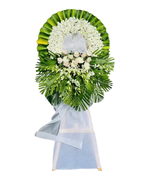 Kệ hoa tang lễ lan trắng hồng phấn nơ lưới trắng
