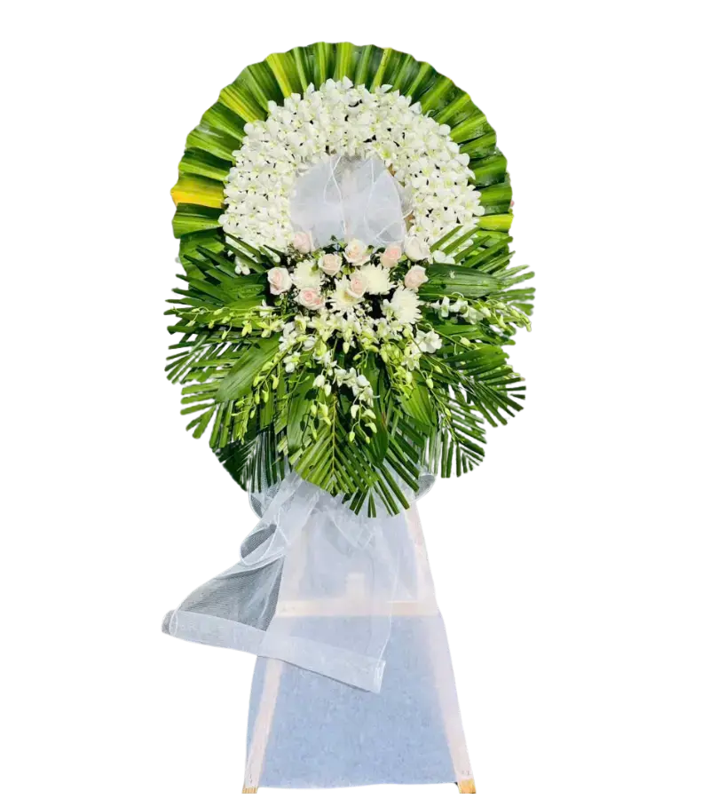 Kệ hoa tang lễ lan trắng hồng phấn nơ lưới trắng