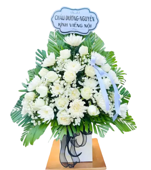 Lẵng hoa tang lễ hồng trắng cúc trắng có bảng kính viếng
