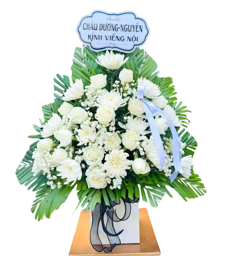 Lẵng hoa tang lễ hồng trắng cúc trắng có bảng kính viếng