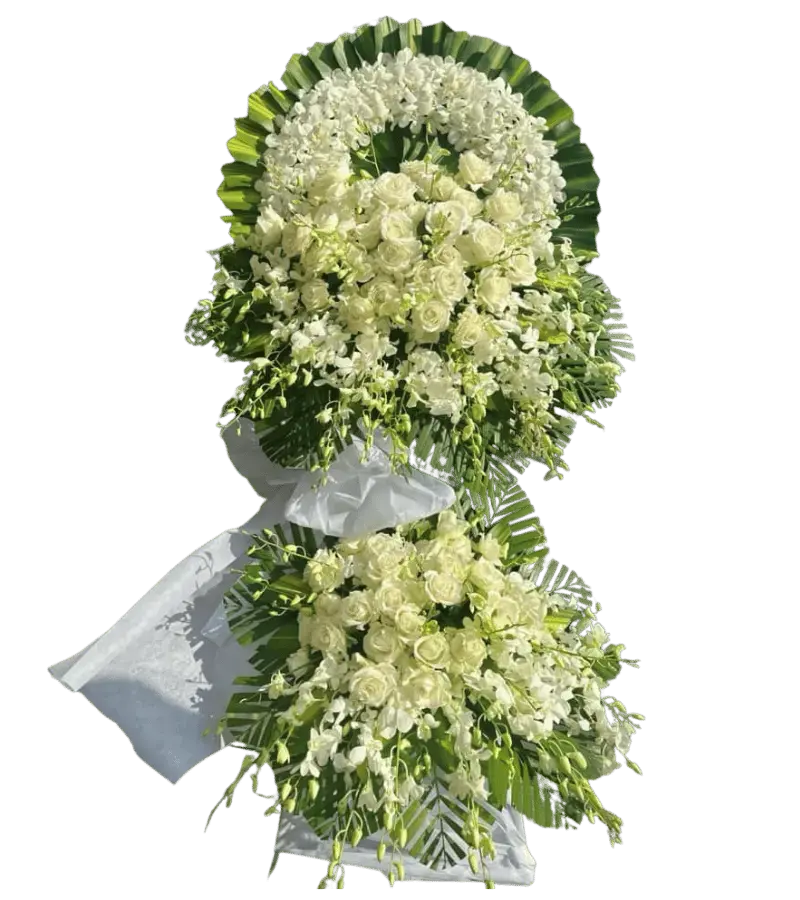 Kệ hoa tang lễ hồng trắng hai tầng nơ trắng