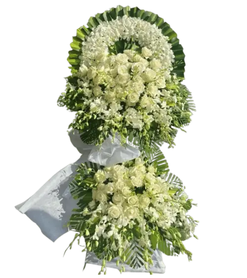 Kệ hoa tang lễ hồng trắng hai tầng nơ trắng