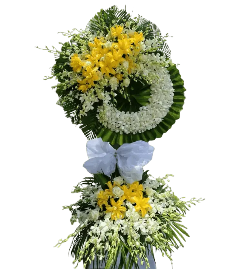 Kệ hoa tang lễ lily vàng lan trắng hai tầng nơ xanh