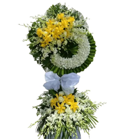 Kệ hoa tang lễ lily vàng lan trắng hai tầng nơ xanh