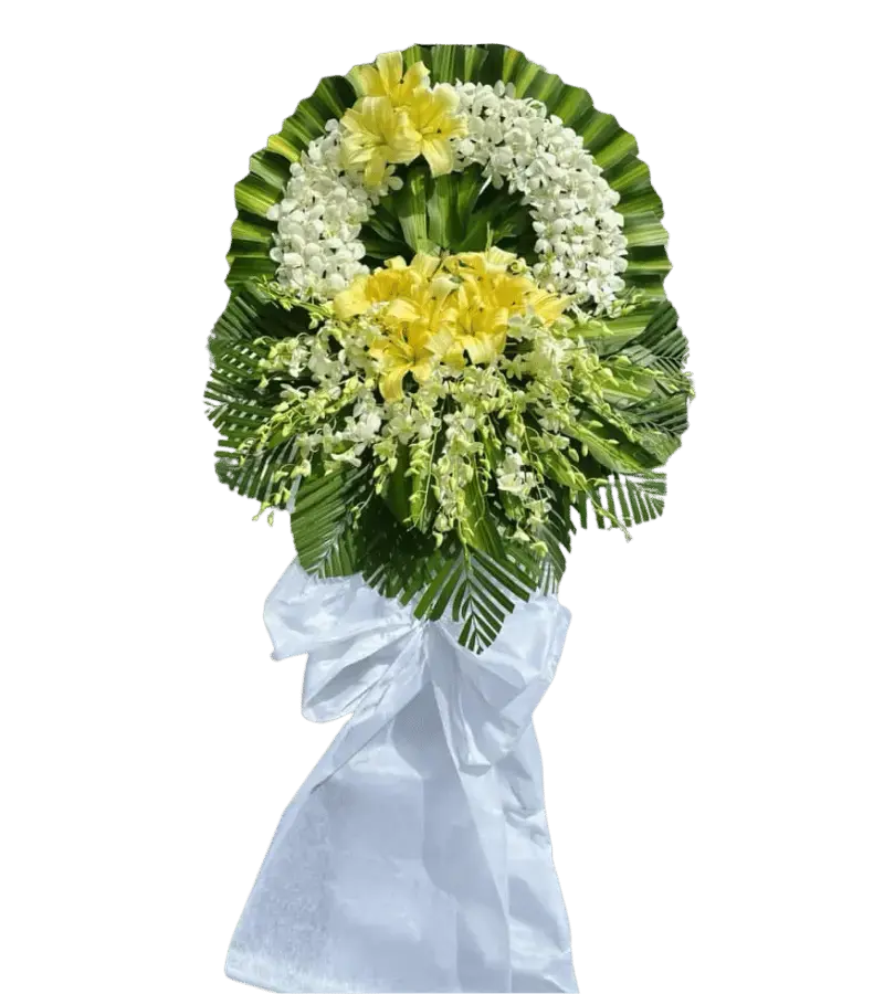 Vòng hoa tang lễ lily vàng lan trắng nơ trắng