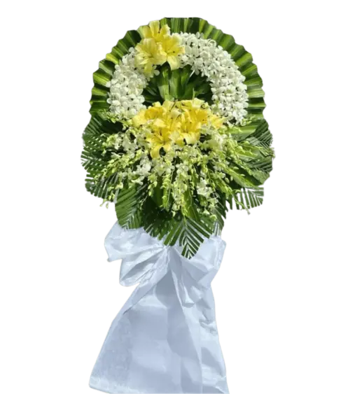 Vòng hoa tang lễ lily vàng lan trắng nơ trắng
