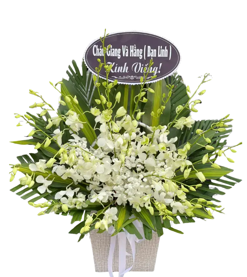 Giỏ hoa lan trắng chia buồn có bảng kính viếng
