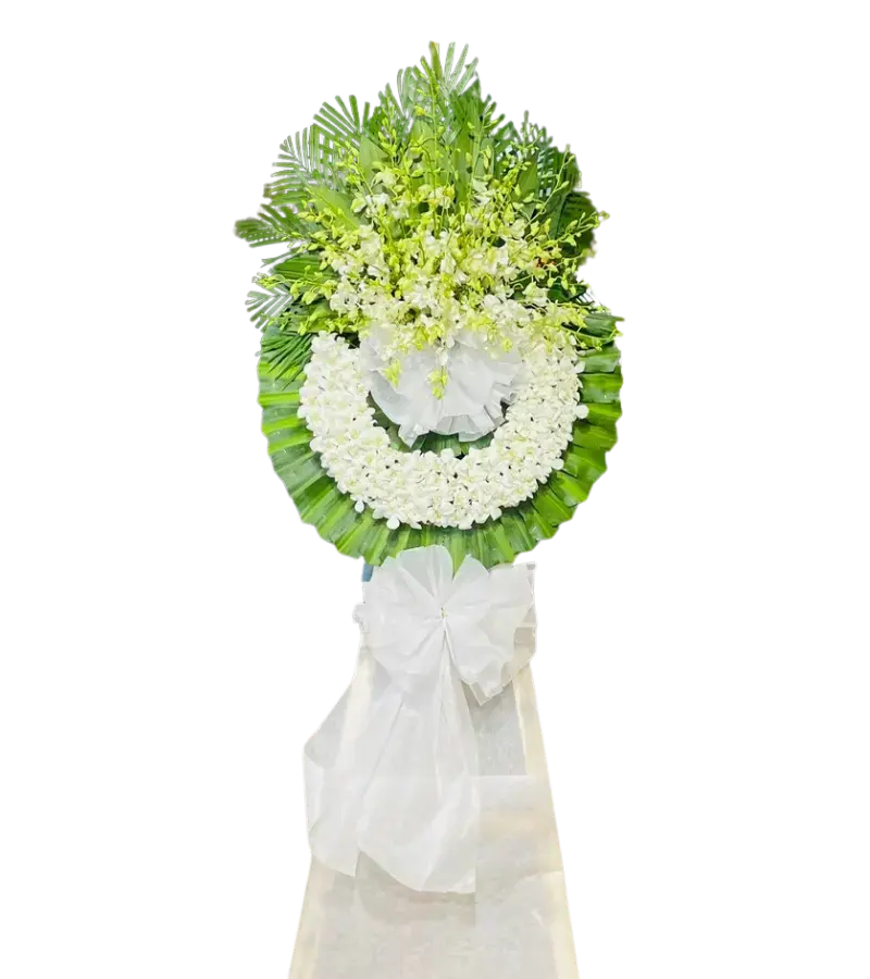 Vòng hoa tang lễ lan trắng nơ trắng đơn giản