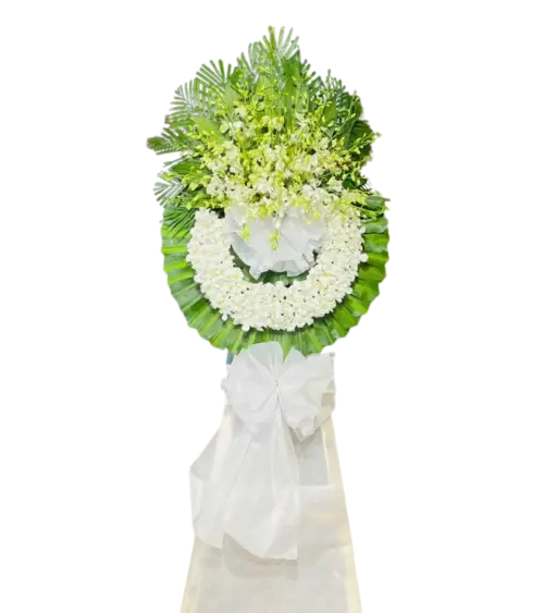 Vòng hoa tang lễ lan trắng nơ trắng đơn giản