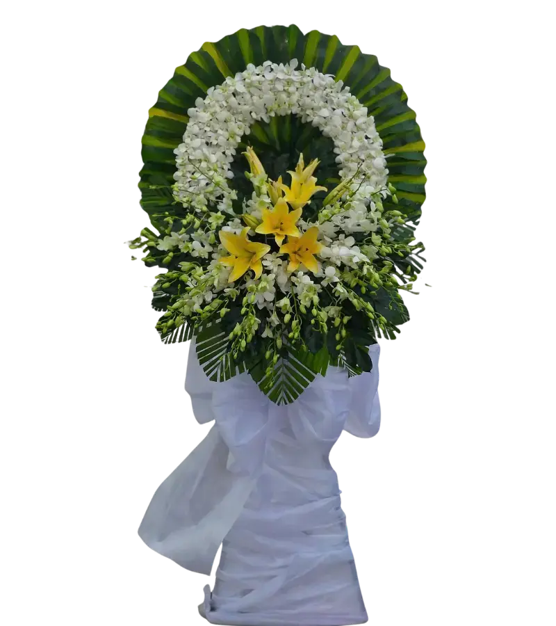 Vòng hoa tang lễ lan trắng lily vàng nơ trắng dáng nghiêng