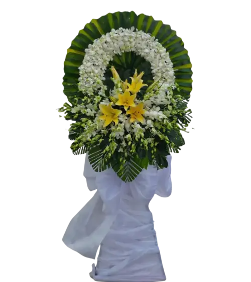 Vòng hoa tang lễ lan trắng lily vàng nơ trắng dáng nghiêng