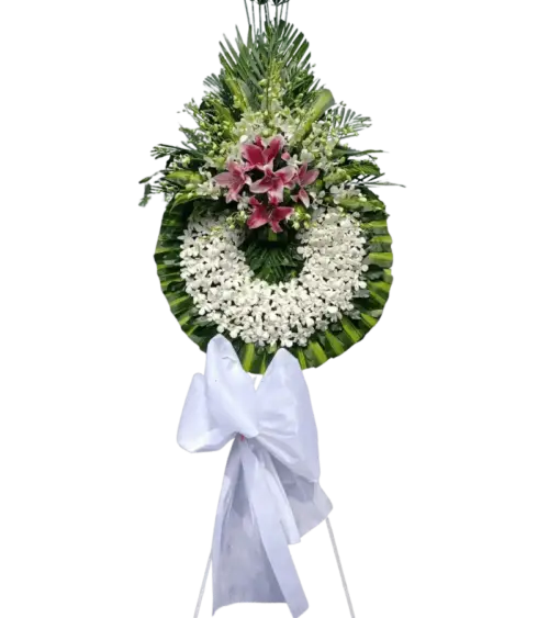 Vòng hoa tang lễ lan trắng lily hồng nơ trắng
