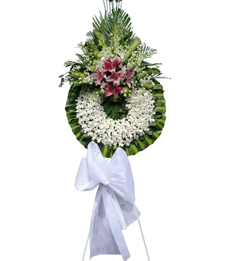 Vòng hoa tang lễ lan trắng lily hồng nơ trắng