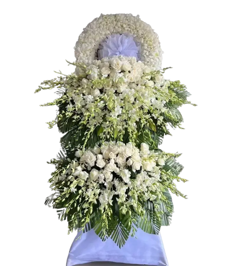 Kệ hoa tang lễ hồng trắng lan trắng hai tầng lớn