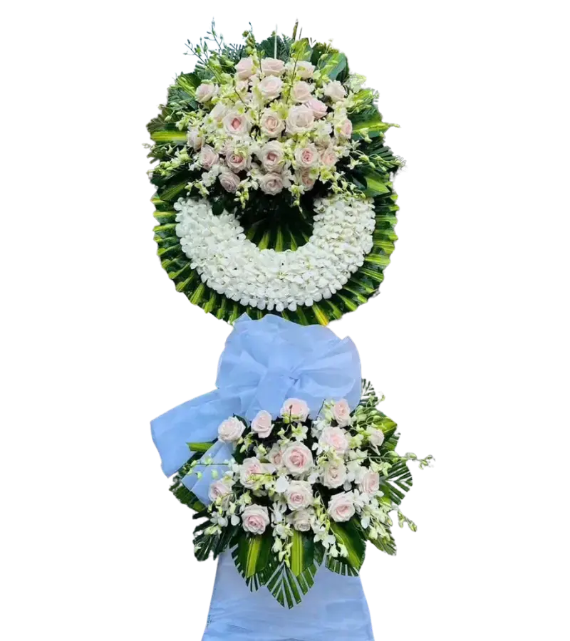 Kệ hoa tang lễ hồng phấn lan trắng nơ xanh dương