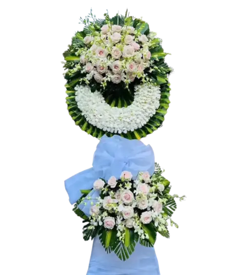 Kệ hoa tang lễ hồng phấn lan trắng nơ xanh dương