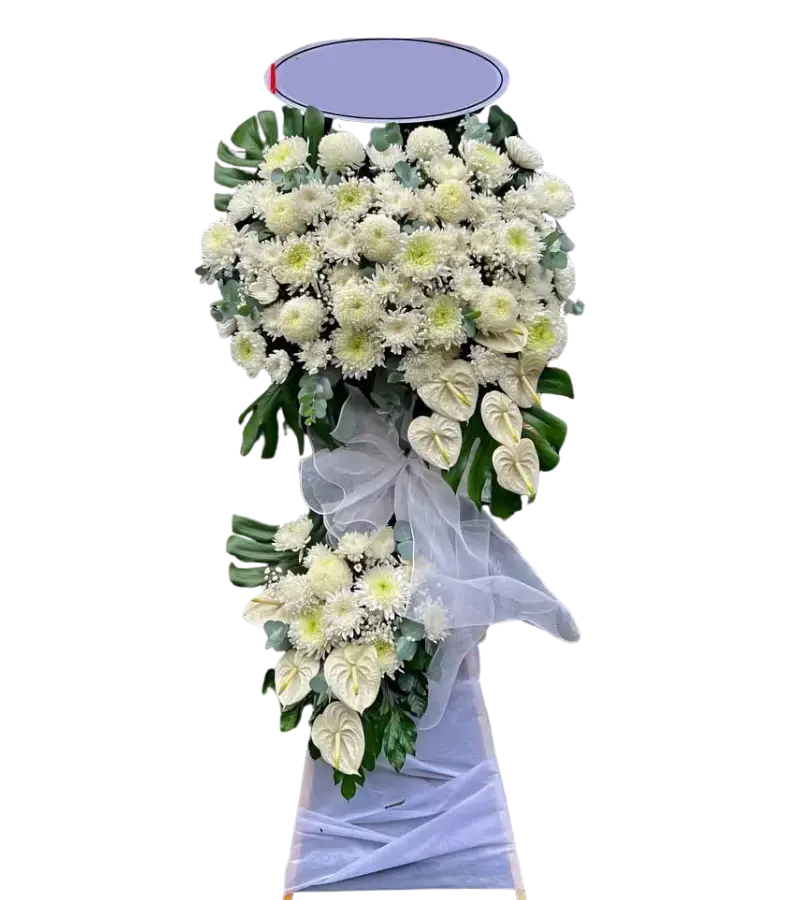 Kệ hoa tang lễ cúc trắng hoa hồng môn trắng hai tầng