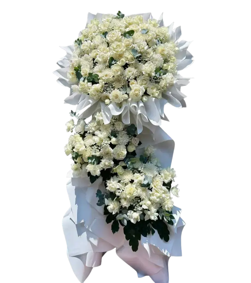 Kệ hoa hồng trắng cúc trắng ba tầng gói trắng