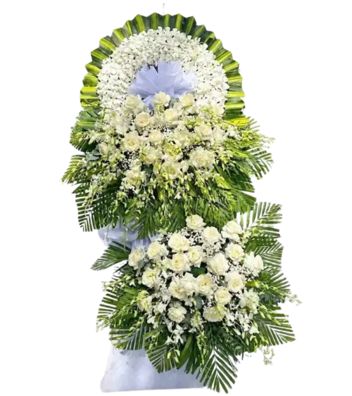 Kệ hoa tang lễ hồng trắng lan trắng hai tầng nơ trắng