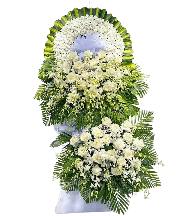 Kệ hoa tang lễ hồng trắng lan trắng hai tầng nơ trắng