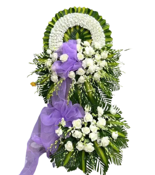Kệ hoa tang lễ hồng trắng cẩm chướng trắng nơ tím