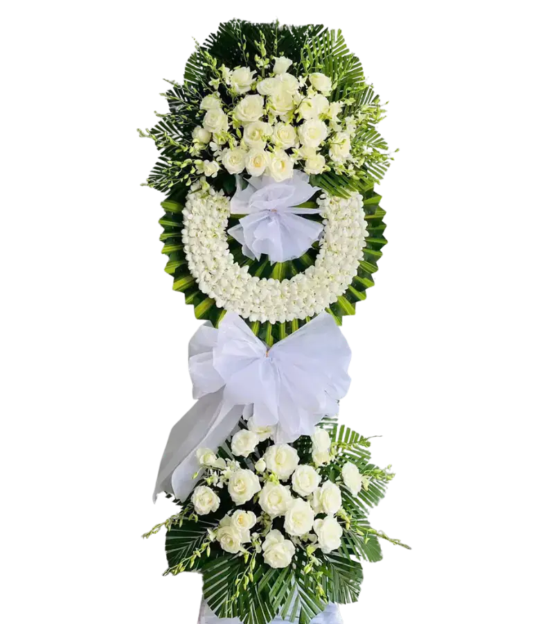Kệ hoa tang lễ hồng trắng lan trắng nơ trắng thanh nhã