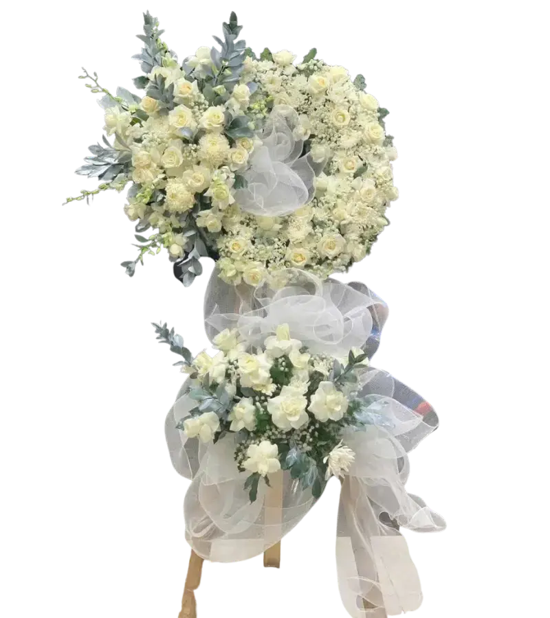 Kệ hoa tang lễ hồng trắng cúc trắng lá bạc nơ lưới trắng